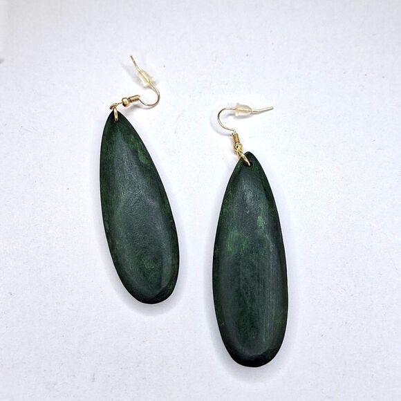 Long Forest green drop earrings tear drop  shape wood jewelry handmade - Picture 1 of 3